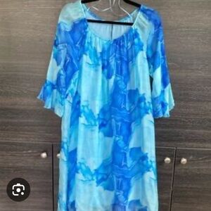 Rosemarine Made In Italy Silk Watercolor Blue Bateau Neck Flowy Sundress